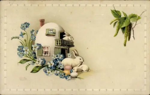 Ak Ostern, Osterhasen, Vergissmeinnicht, Blumen