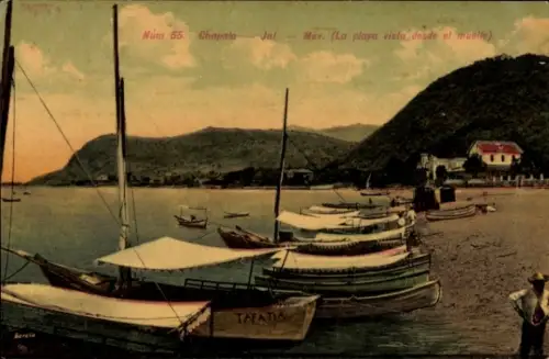 Ak Chapala Mexiko, Chapala, Jalisco (Mexiko), Strand (Blick von der Mole), Boot TAPATION