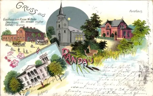 Litho Randau Calenberge Magdeburg, Gasthaus zum Kaiser Wilhelm, Kirche, Forsthaus, Schloss