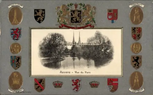 Präge Wappen Passepartout Ak Anvers Antwerpen Flandern, Park, Brücke