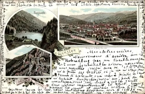 Litho Munster Münster in Lothringen Moselle, Gesamtansicht, Fischboedle, Schluchttunnel