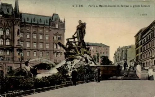 Ak Szczecin Stettin Pommern, Manzel-Brunnen, Rathaus, grüne Schanze