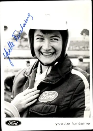 Autogrammkarte Rennfahrerin Yvette Fontaine, Ford, Portrait, Autogramm