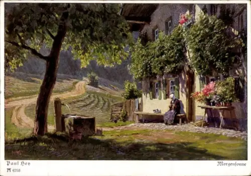 Künstler Ak Hey, Paul, Morgensonne, Frau und Katze auf einer Bank, Bauernhaus