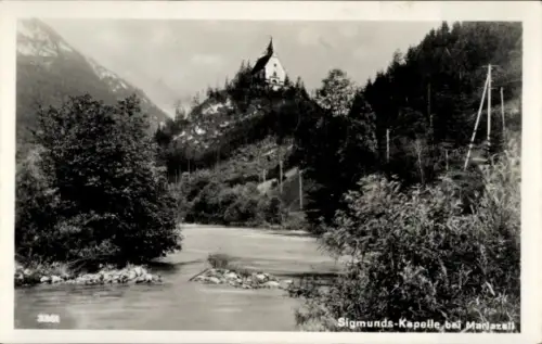 Ak Mariazell Steiermark, Kapelle auf Hügel, Fluss mit Felsen/Strömung, Uferbäume, Strommasten rec