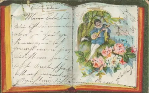 Glitzer Ak Musizierender Mann, Rosen, Buch