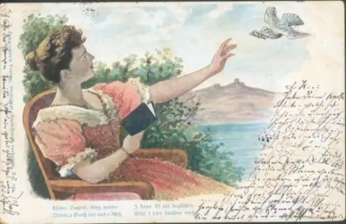 Glitzer Ak Frau mit Buch in der Hand, Taube, Brief