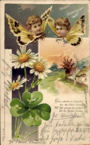 Litho Falter schwebt ins Erdenthal, Schmetterlinge mit Kindergesichtern, Kleeblatt