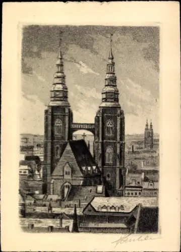 Künstler Ak Wrocław Breslau Schlesien, Magdalenenkirche, Radierung