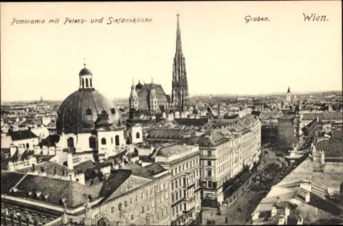 Ak Wien 1 Innere Stadt, Graben, Panorama mit Peterskirche und Stefanskirche