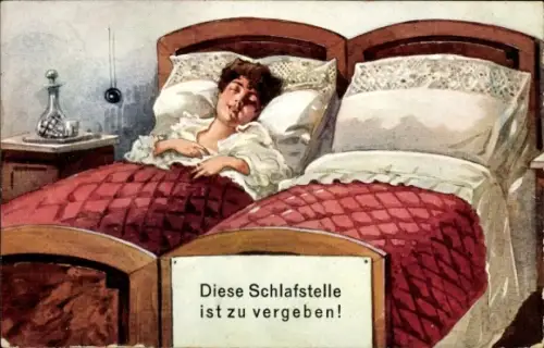 Künstler Ak Diese Schlafstelle ist zu vergeben, Schlafende Frau, Leeres Bett