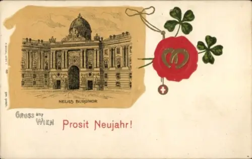 Litho Wien I., Neues Burgtor, Glückwunsch Neujahr, Glücksklee, Hufeisen