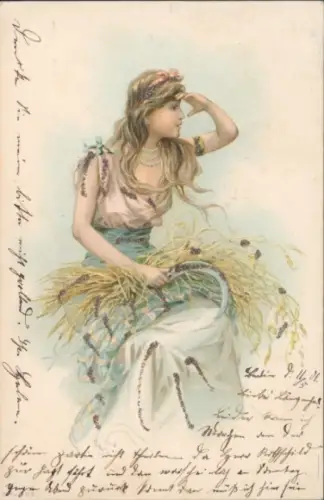 Glitzer Litho Junge Frau mit Sichel, Ernte
