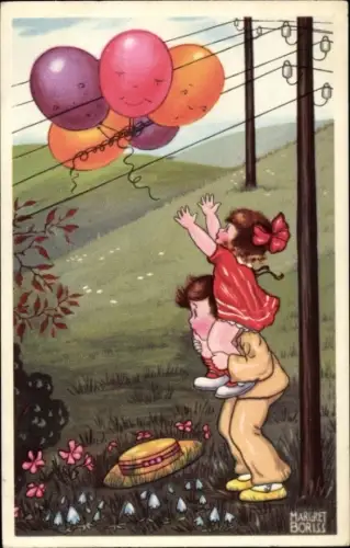 Künstler Ak Boriss, M., Kinder, Ballons, Hochspannungsleitungen