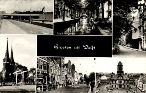 Ak Delft Zuid-Holland Nederland, Tunnel, Stadhuis, Gemeentelandhuis