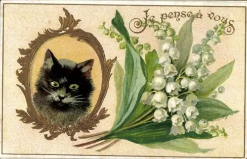 Litho Schwarze Katze, Maiglöckchen