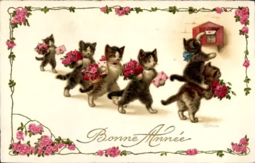 Ak Neujahr, vermenschlichte Katzen bringen Briefe zu einem Postbriefkasten, Rosen