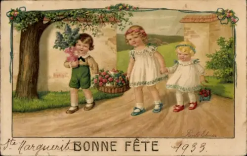 Künstler Litho Ebner, Pauli, Glückwunsch Pfingsten, Kinder mit Blumen