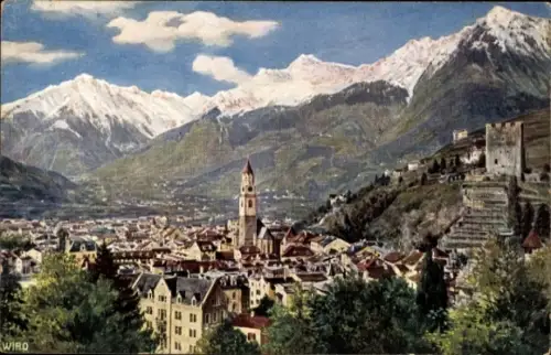 Künstler Ak Meran Merano Südtirol, Blick auf den Ort, Burg, Berge, Wiro 2284 A