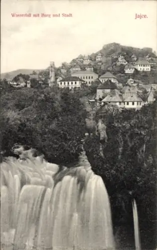 Ak Jajce Bosnien Herzegowina, Teilansicht, Wasserfall mit Burg