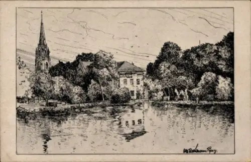 Künstler Ak Ackermann Pasing, Moers am Niederrhein, Möschenberg, Kirche