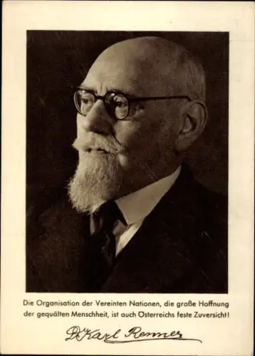 Ganzsachen Ak Karl Renner, Österreichischer Sozialdemokrat, Organisation der Vereinten Nationen
