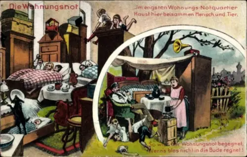 Ak Die Wohnungsnot, Notquartier, haust hier beisammen Mensch und Tier, Grammophon