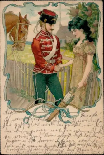 Litho Husar mit einer Frau, Pferd