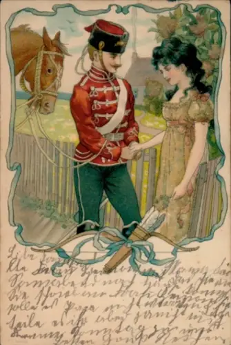 Litho Husar mit einer Frau, Pferd