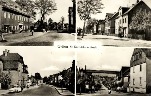Ak Grüna Chemnitz Sachsen, Grüna, Kr. Karl-Marx-Stadt, vier Straßenansichten