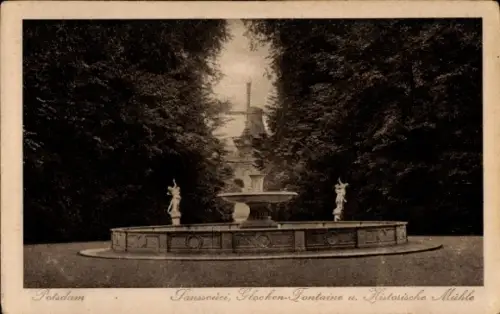 Ak Potsdam Sanssouci, Glockenfontaine und Historische Mühle