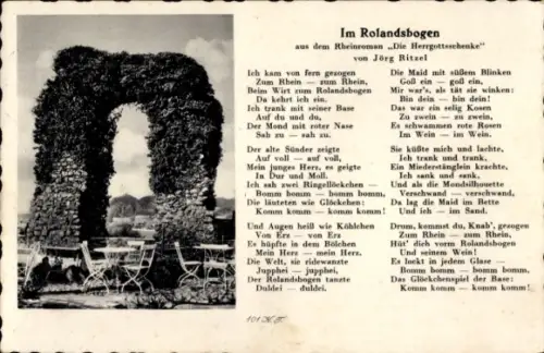 Ak Rolandseck Remagen am Rhein, Terrasse am Rolandsbogen, Romanauszug Im Rolandsbogen