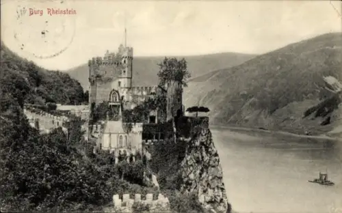 Ak Trechtingshausen am Rhein, Burg Rheinstein,  Rhein, Felsklippe, Burgturm
