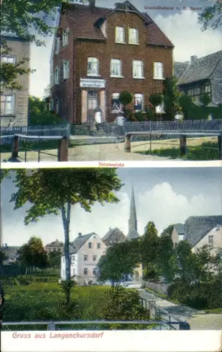 Ak Langenchursdorf Callenberg in Sachsen, Geschäftshaus v. I. Bauer, Totalansicht mit Kirchturm, 