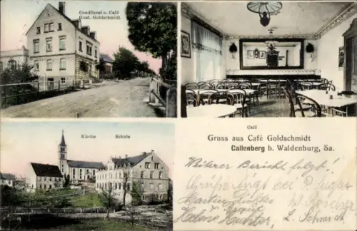 Ak Callenberg in Sachsen, Café Goldschmidt, Konditorei, Café, Kirche, Schule