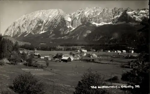 Ak Bad Mitterndorf Steiermark, Dorf mit verstreuten Höfen, Wiesen, Bäume, Wald, schneebedeckte Be
