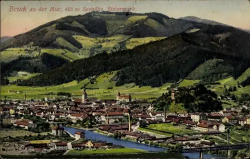 Ak Bruck an der Mur Steiermark, Kleinstadt-Panorama mit Fluss und Brücke, Kirchturm, Schloss auf 