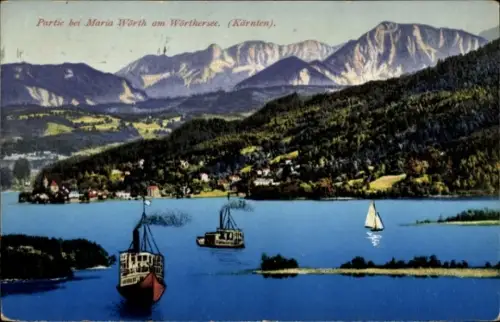 Ak Maria Wörth am Wörthersee Kärnten, See mit drei Ausflugsdampfern und einem Segelboot, Ufer mit