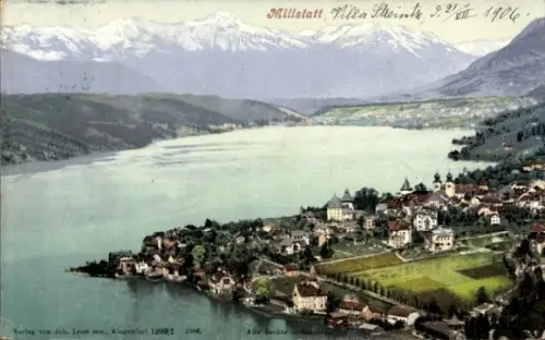 Ak Millstatt am See Kärnten, Seeufer mit vorgelagerter Halbinsel, Wohnhäuser und Kirchturm, Felde