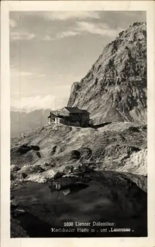 Ak Tristach Tirol, Karlsbaderhütte am Laserzsee