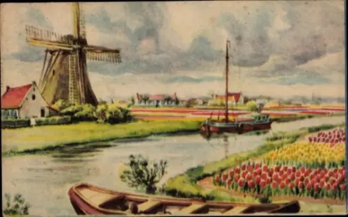 Künstler Ak Niederlande, Windmühle, Tulpenfeld