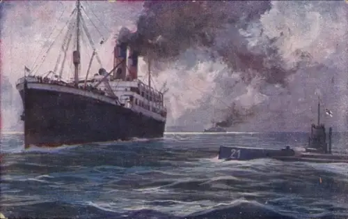 Künstler Ak Schulze, Hans Rudolf, Deutsches U Boot, SM U 21, Englischer Dampfer im Kanal, I. WK
