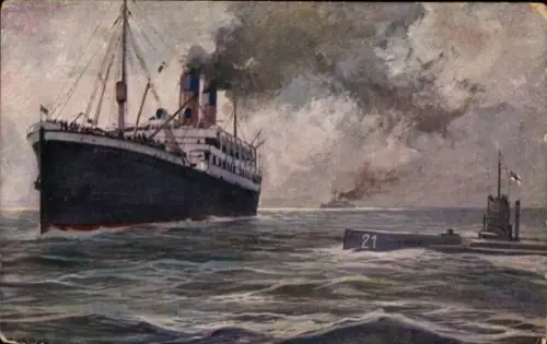 Künstler Ak Schulze, Hans Rudolf, Deutsches U Boot, SM U 21, Englischer Dampfer im Kanal, I. WK