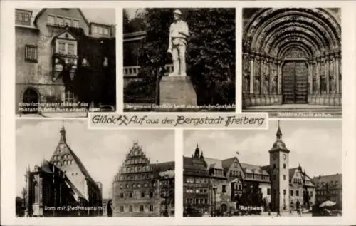 Ak Freiberg im Kreis Mittelsachsen, Goldenen Pforte am Dom, Rathaus, Stadtmuseum, Statue Bergmanns