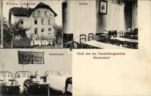 Ak Meinersdorf Burkhardtsdorf im Erzgebirge, Wohnhaus, Vorderansicht, Nälsaal, Schlafzimmer, G...