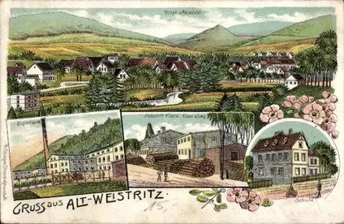 Litho Stara Bystrzyca Altweistritz Niederschlesien, Gesamtansicht, Papierfabrik, Holzfabrik, Schule