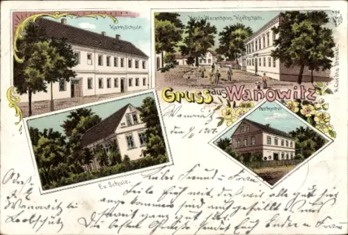 Litho Wojnowice Wanowitz Schlesien, Kath. Schule, Warenhaus Kretscham, Ev. Schule, Postagentur