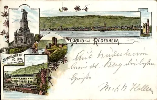 Litho Rüdesheim am Rhein, Darmstädter Hof, Niederwalddenkmal, Ruine Ehrenfels, Mäuseturm