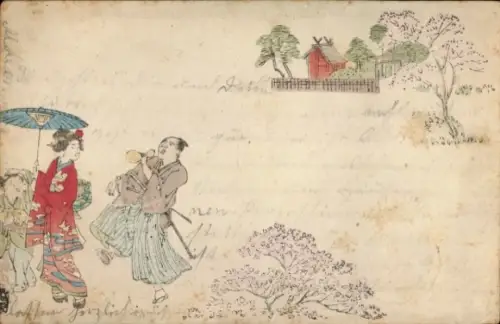 Künstler Ak Japan, volkstümliche Szene, Dame mit Sonnenschirm, Kimono