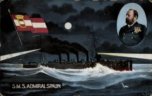 Ak Österreichisches Kriegsschiff SMS Admiral Spaun, Scheinwerfer, Flagge, Portrait